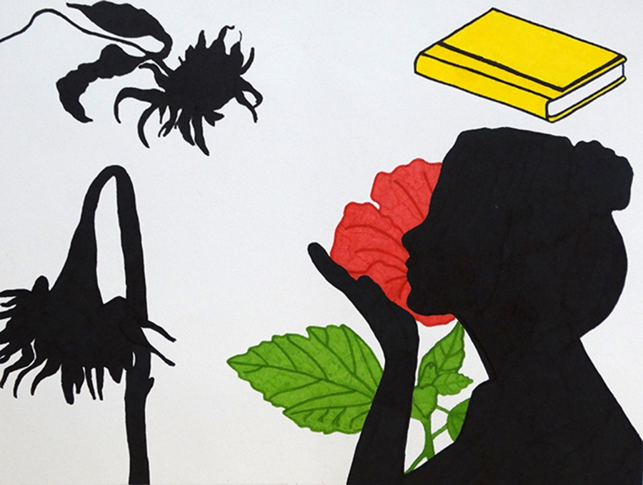 Student artwork silhouette of girl and flowers